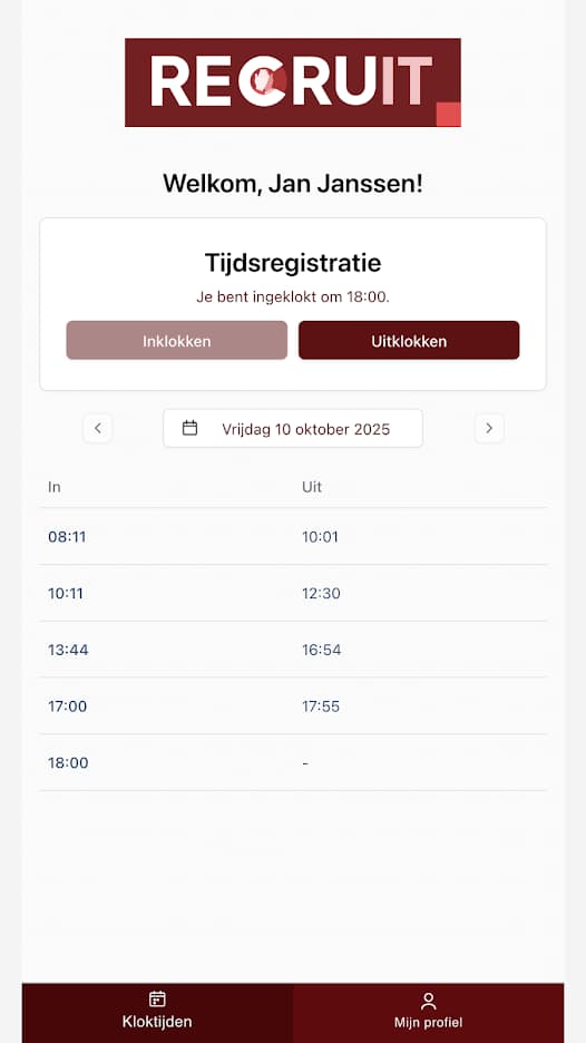 RecruitIT - Werknemers app — tijdregistratie scherm